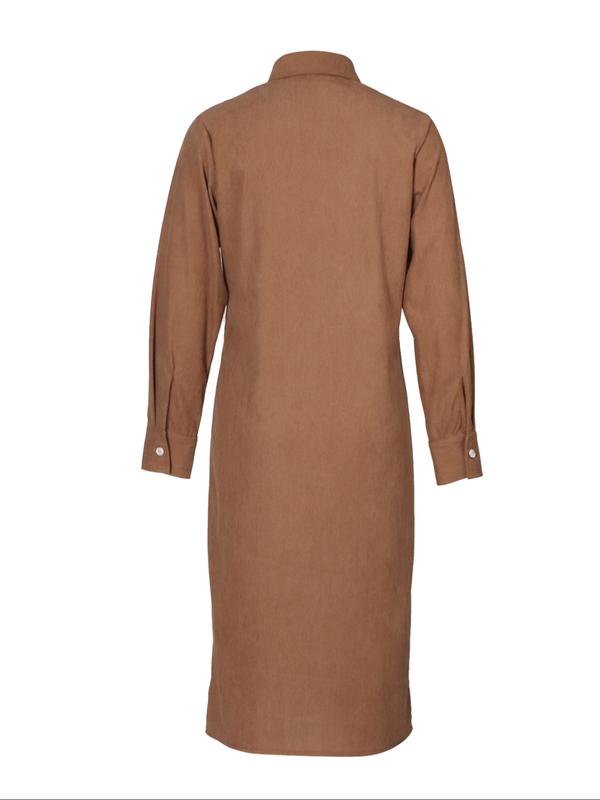 Women's Fashion Casual Loose Corduroy Collared Dress with Dual Chest Pockets
