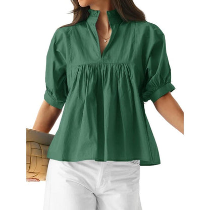 Women’s V-Neck Puff Sleeve Blouse Babydoll Peplum Tops & Cotton Fabric