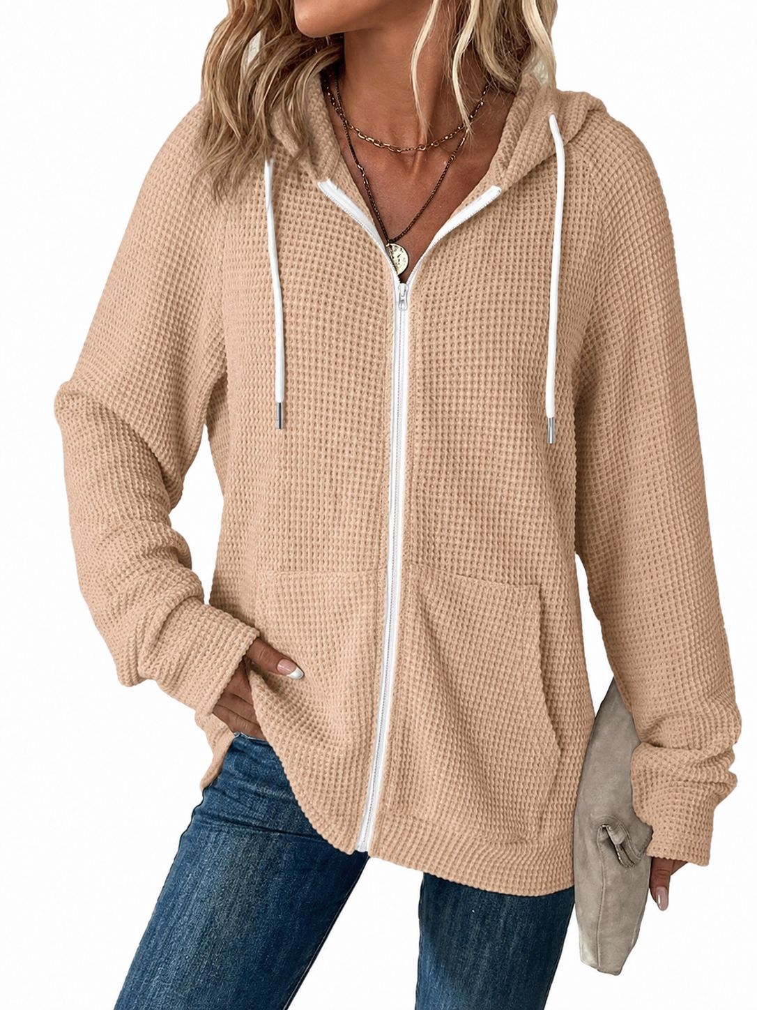 ☁️Women's Waffle-Knit Full-Zip Long-Sleeve 100% Cotton Hoodies with Pockets [PLUS SIZE]
