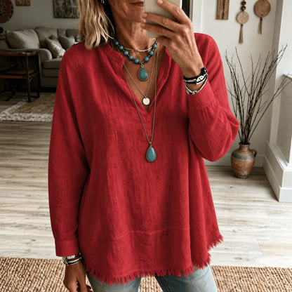 New Autumn Women's Loose-Fit Solid-Color Casual Long-Sleeve Top with V-Neck and Frayed Tassel Hem