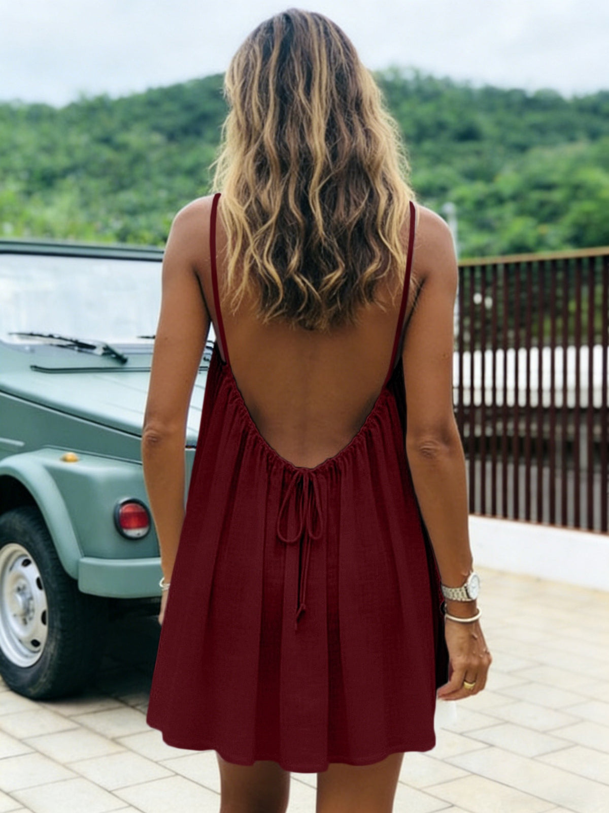 New Solid Women's Casual Backless Spaghetti Strap Mini Dress🌟🌊