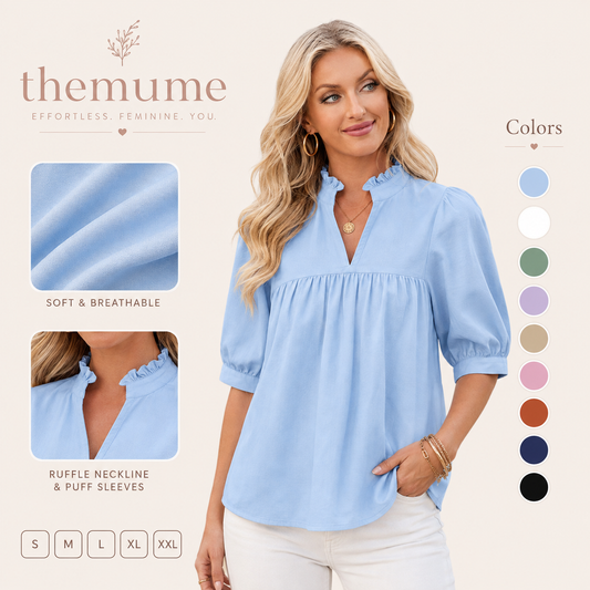 Women’s V-Neck Puff Sleeve Blouse Babydoll Peplum Tops & Cotton Fabric