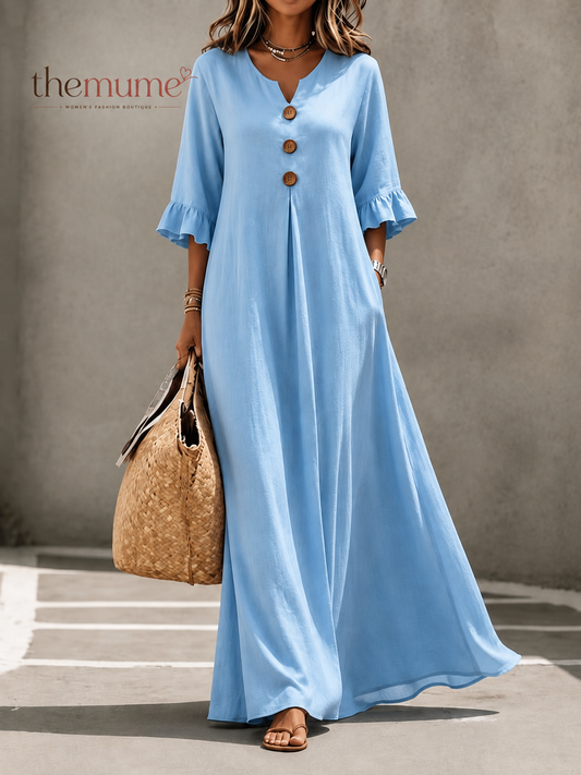 Autumn New Arrival👗Women's Boho Aesthetic Style Solid V-Neck Dress with Wooden Buttons and Ruffle Sleeves