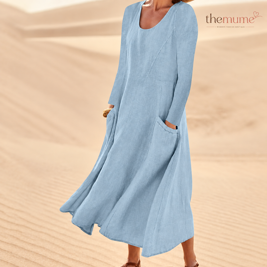 👗 50% OFF NOW! Women's Solid Color Long Sleeve Cotton And Linen Maxi Dress With Pockets