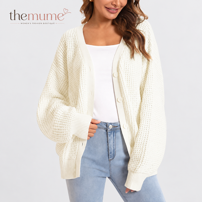 Women's Oversized V-neck 100% Cotton Cardigan Sweater, Casual Button-Down Long Sleeve Top