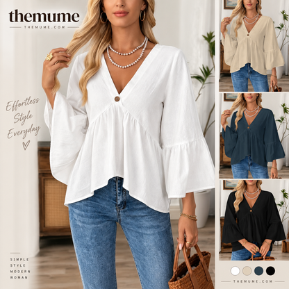 🏆Autumn Sale Women's 100% Cotton V-neck Peplum Tops with Vintage-style Button