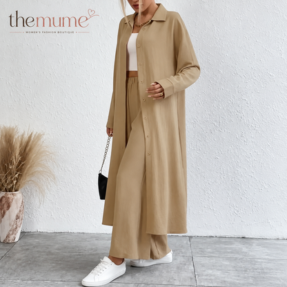Women's Solid Button Front Shirt & Wide Leg Pants Two-piece Set