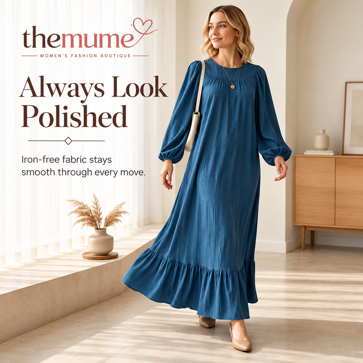 ✨ Timeless Elegance | Women's Flattering Ruffle-Hem Long-Sleeve Maxi Dress