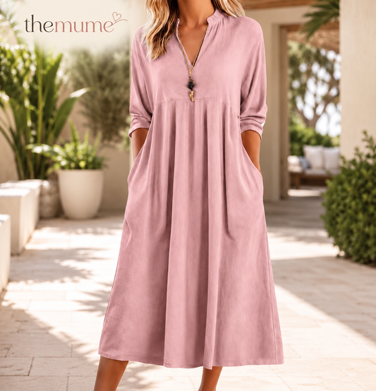 Women's Casual Plain V-Neck 3/4 Sleeve Loose Fitting Straight Shift Dress