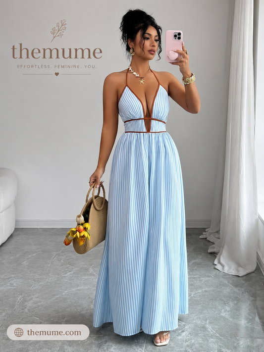 🏆SUMMER SALE💥Women's Elegant Sexy Striped Deep V Neck Halter Dress