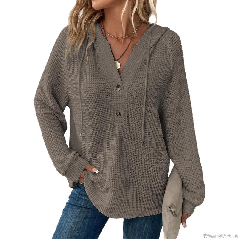 【PLUS SIZE】🧥Women's Waffle Knit Drawstring Button V Neck Hooded Sweatshirt | Almost Gone⚡