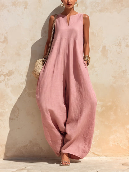 Trending Now!⭐Refined Summer Craftsmanship🌿Women’s Sleeveless V-Neck Linen-Blend Wide-Leg Jumpsuit with Pockets