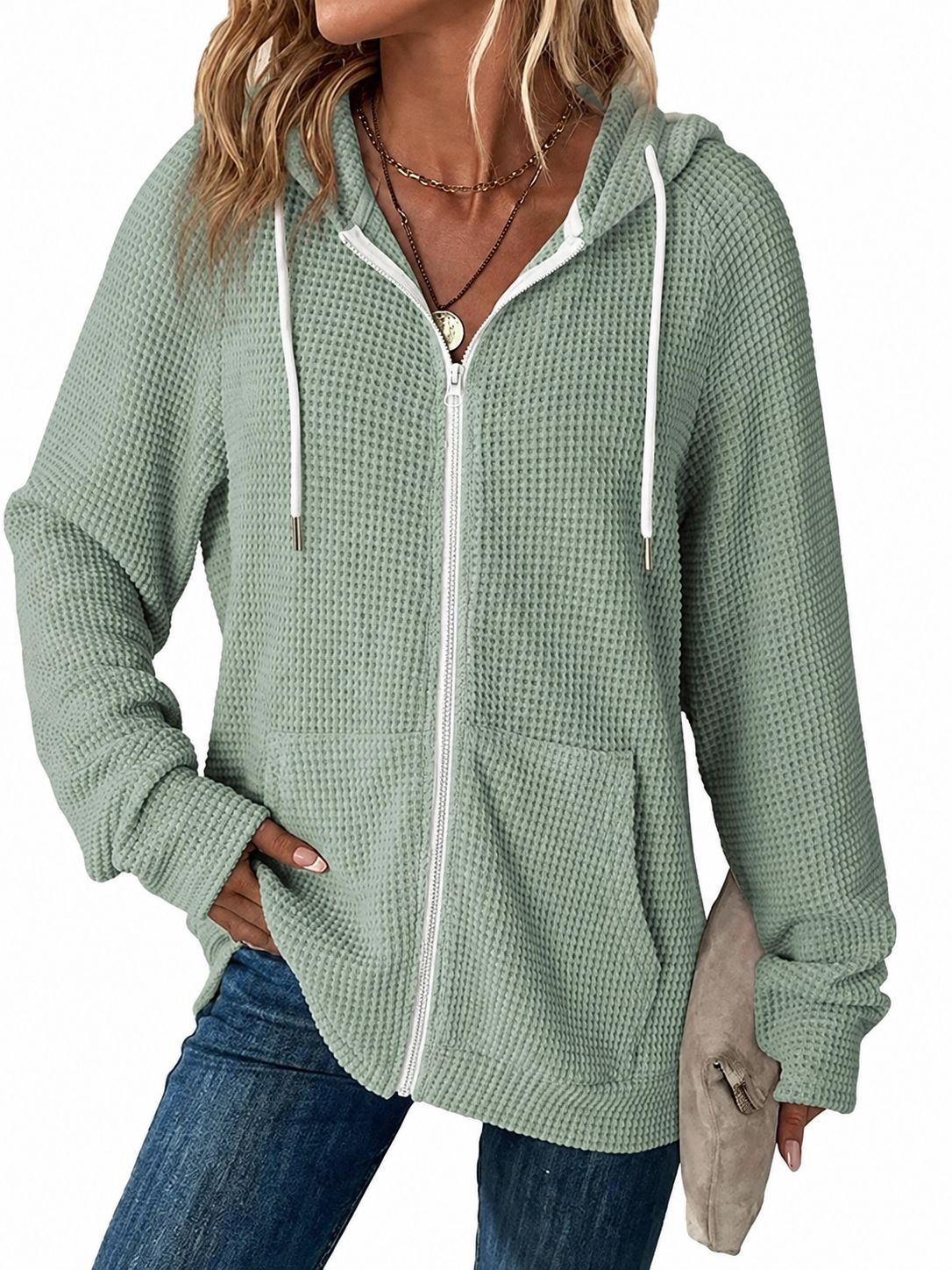 ☁️Women's Waffle-Knit Full-Zip Long-Sleeve 100% Cotton Hoodies with Pockets [PLUS SIZE]