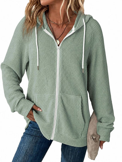 ☁️Women's Waffle-Knit Full-Zip Long-Sleeve 100% Cotton Hoodies with Pockets [PLUS SIZE]