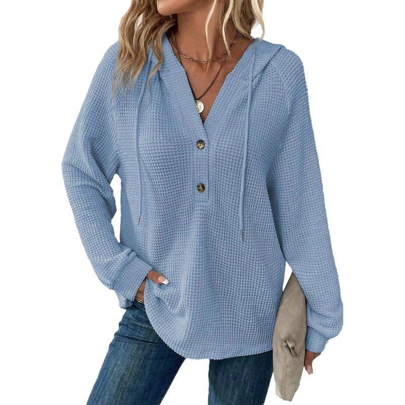【PLUS SIZE】🧥Women's Waffle Knit Drawstring Button V Neck Hooded Sweatshirt | Almost Gone⚡