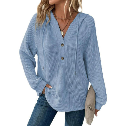 【PLUS SIZE】🧥Women's Waffle Knit Drawstring Button V Neck Hooded Sweatshirt | Almost Gone⚡