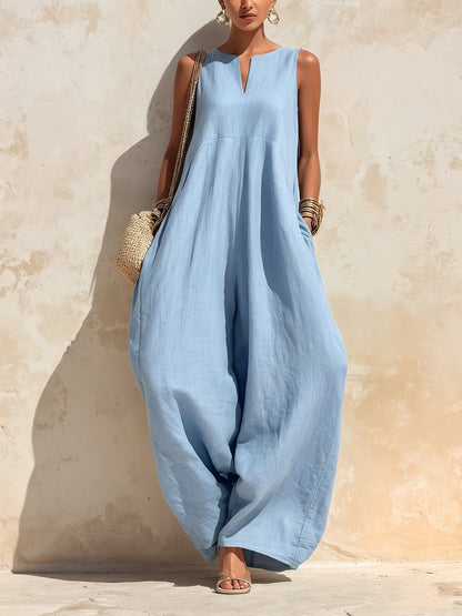 Trending Now!⭐Refined Summer Craftsmanship🌿Women’s Sleeveless V-Neck Linen-Blend Wide-Leg Jumpsuit with Pockets