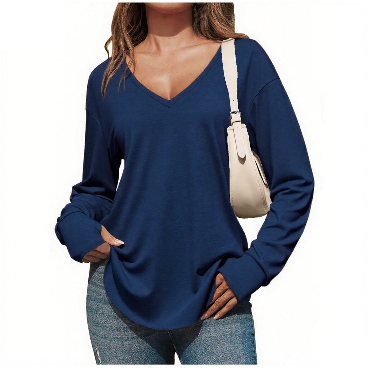 Women's Deep V Neck Tunic Tops Long Sleeve Oversize