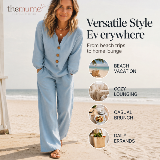 🌿Women's Cotton-Linen V-Neck Long Sleeve Top & Pants Set