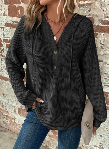 【PLUS SIZE】🧥Women's Waffle Knit Drawstring Button V Neck Hooded Sweatshirt | Almost Gone⚡