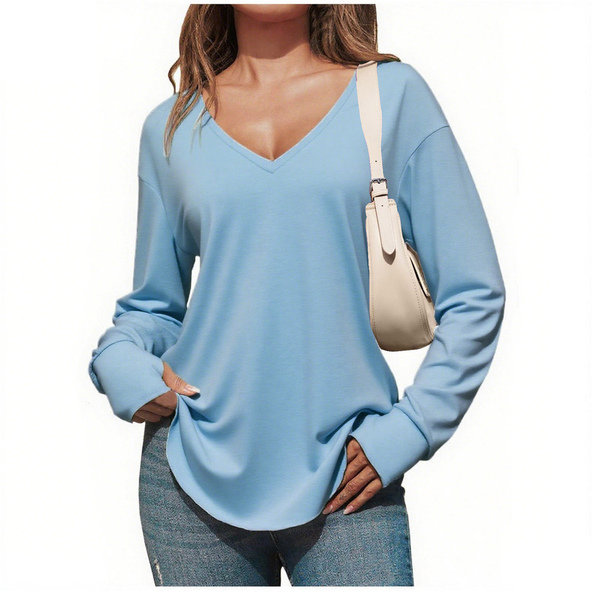 Women's Deep V Neck Tunic Tops Long Sleeve Oversize