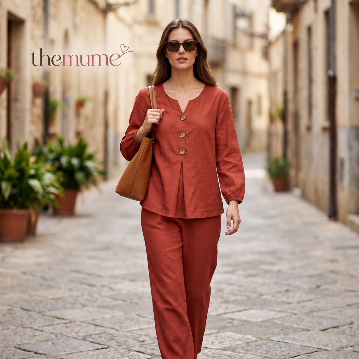 🌿Women's Cotton-Linen V-Neck Long Sleeve Top & Pants Set