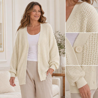 Women's Oversized V-neck 100% Cotton Cardigan Sweater, Casual Button-Down Long Sleeve Top