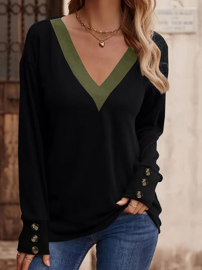 Fall 2026 Essential-[PLUS SIZE] Women's Deep V Colorblock Knit Sweater, Button Sleeve Design, Casual Fashion Top