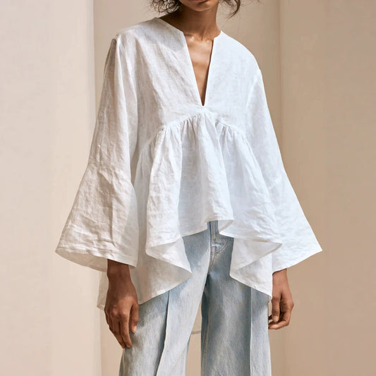 Fall New Arrival - Women's Solid-color loose V-neck trumpet sleeve Top