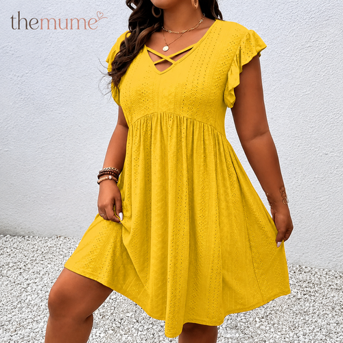 【Plus Size】 Solid Color Hollow Out V-neck Dress