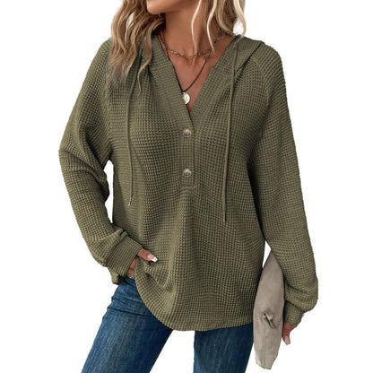 【PLUS SIZE】🧥Women's Waffle Knit Drawstring Button V Neck Hooded Sweatshirt | Almost Gone⚡
