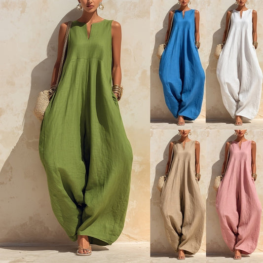 Trending Now!⭐Refined Summer Craftsmanship🌿Women’s Sleeveless V-Neck Linen-Blend Wide-Leg Jumpsuit with Pockets