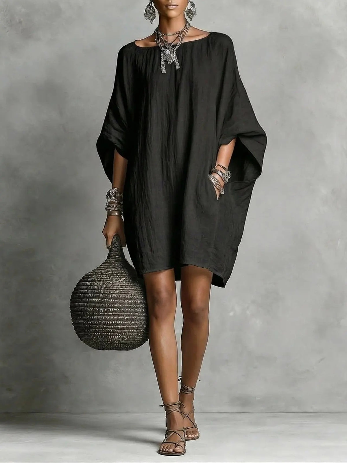Retro Solid-Color Long-Sleeve Off-Shoulder Casual Linen Cotton Dress