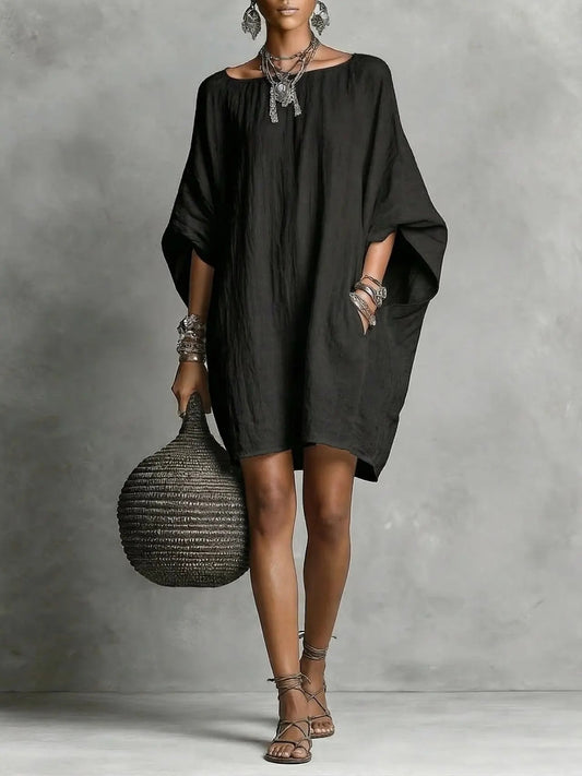 Retro Solid-Color Long-Sleeve Off-Shoulder Casual Linen Cotton Dress