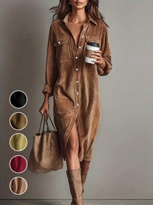Women's Fashion Casual Loose Corduroy Collared Dress with Dual Chest Pockets