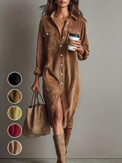 Women's Fashion Casual Loose Corduroy Collared Dress with Dual Chest Pockets