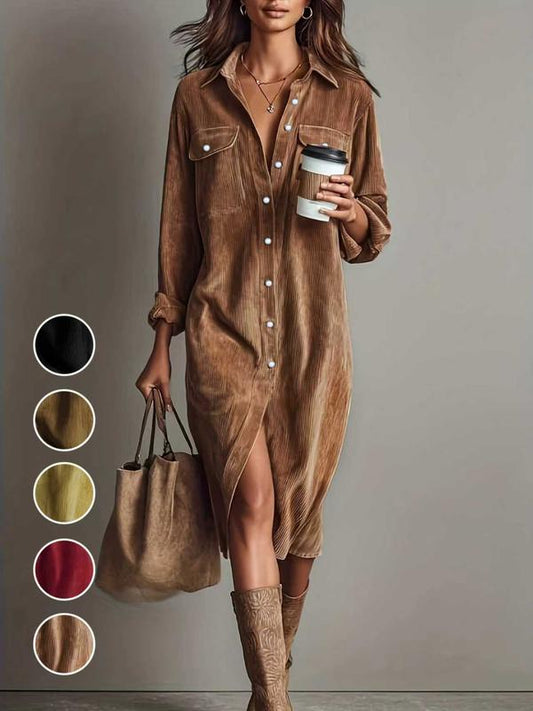 Women's Fashion Casual Loose Corduroy Collared Dress with Dual Chest Pockets