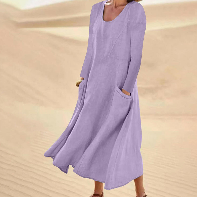 👗 50% OFF NOW! Women's Solid Color Long Sleeve Cotton And Linen Maxi Dress With Pockets