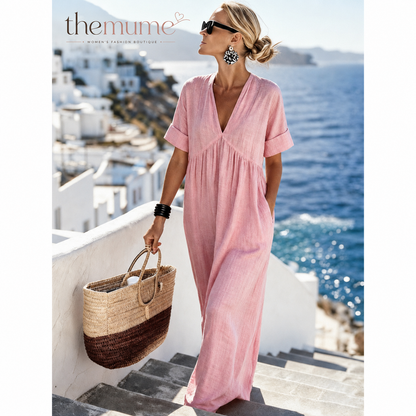 Women's Casual Vacation Style V-neck Linen Short-sleeved Solid-color Maxi Dress