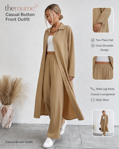 Women's Solid Button Front Shirt & Wide Leg Pants Two-piece Set