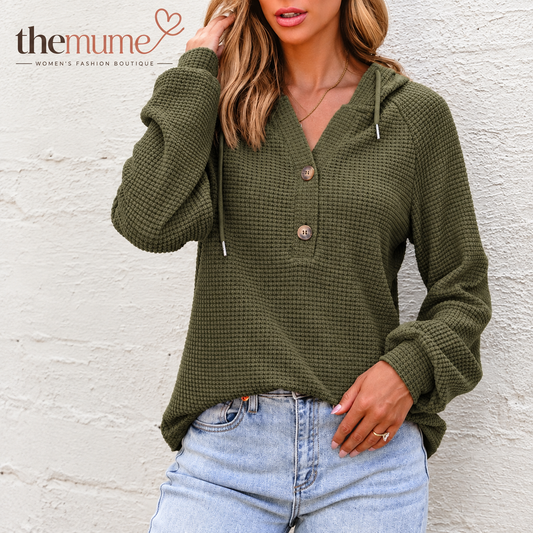 【PLUS SIZE】🧥Women's Waffle Knit Drawstring Button V Neck Hooded Sweatshirt | Almost Gone⚡
