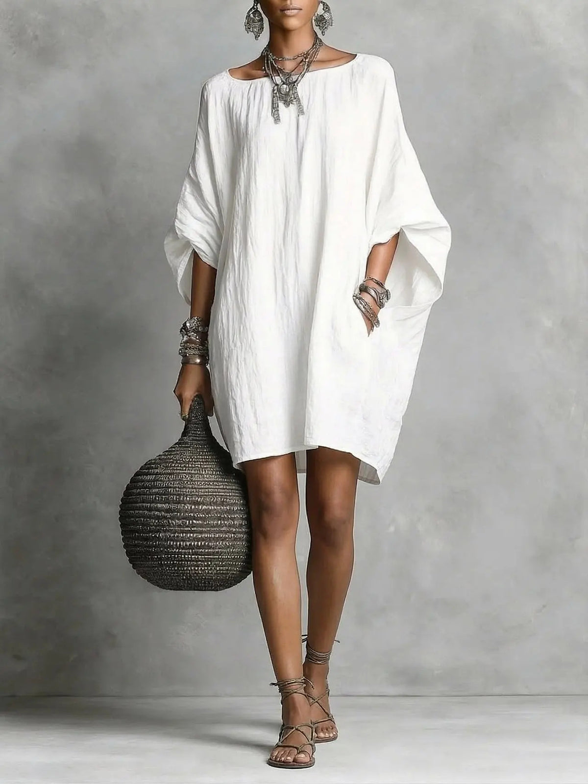 Retro Solid-Color Long-Sleeve Off-Shoulder Casual Linen Cotton Dress