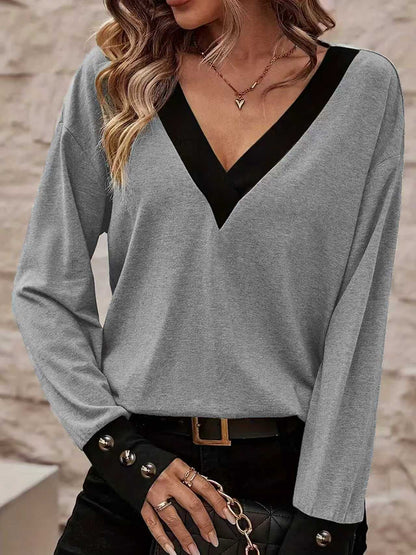 Fall 2026 Essential-[PLUS SIZE] Women's Deep V Colorblock Knit Sweater, Button Sleeve Design, Casual Fashion Top