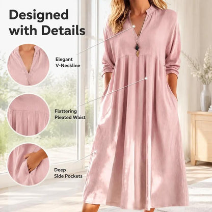 Women's Casual Plain V-Neck 3/4 Sleeve Loose Fitting Straight Shift Dress