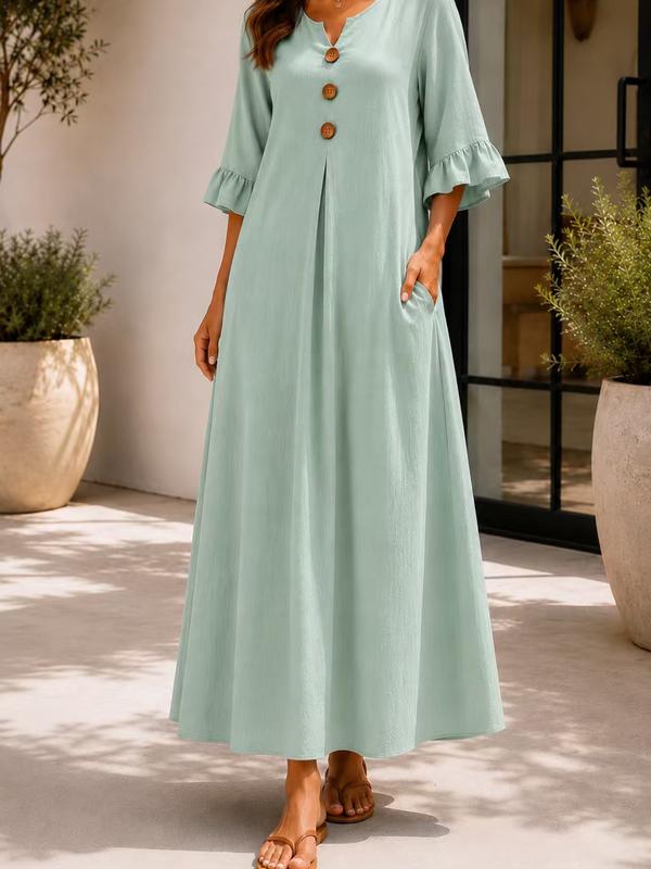 Autumn New Arrival👗Women's Boho Aesthetic Style Solid V-Neck Dress with Wooden Buttons and Ruffle Sleeves