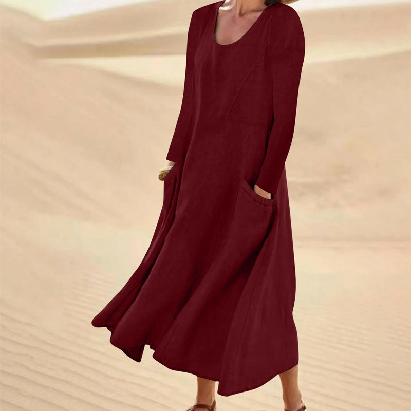 👗 50% OFF NOW! Women's Solid Color Long Sleeve Cotton And Linen Maxi Dress With Pockets