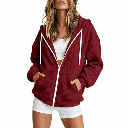 ☁️Women's Waffle-Knit Full-Zip Long-Sleeve 100% Cotton Hoodies with Pockets [PLUS SIZE]