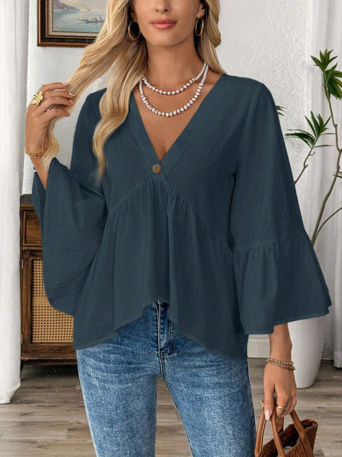 🏆Autumn Sale Women's 100% Cotton V-neck Peplum Tops with Vintage-style Button