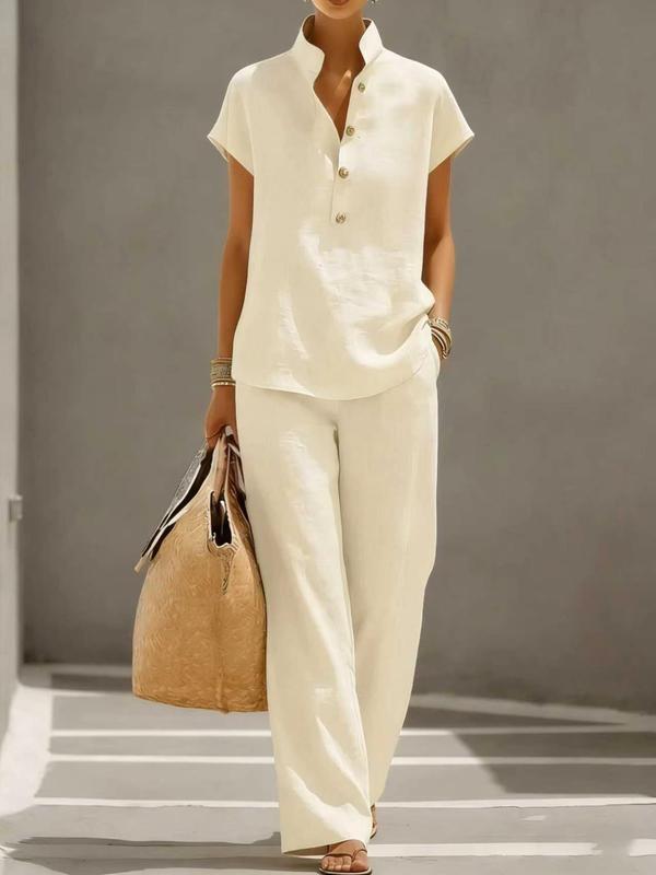 👚👖Women's Casual Lazy Style Basic Baggy Open Front Short Sleeve Top and Long Pants Matching Set