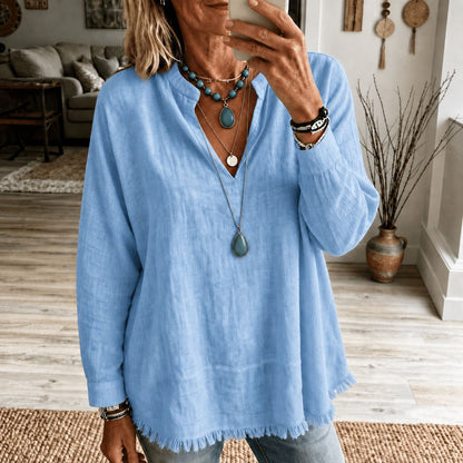 New Autumn Women's Loose-Fit Solid-Color Casual Long-Sleeve Top with V-Neck and Frayed Tassel Hem